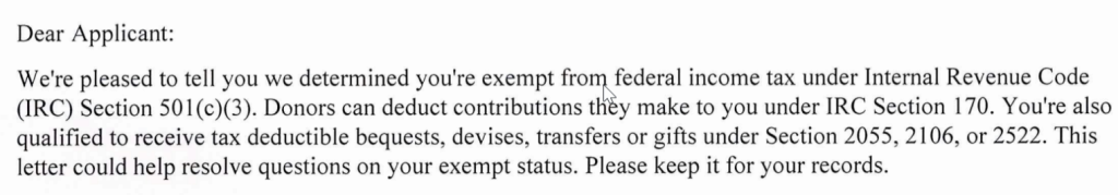 IRS Letter to Foundation Letter approving our tax exempt status